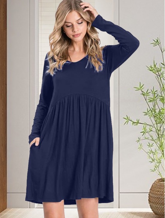 Long Sleeved Pleated Waist Fashion Dress